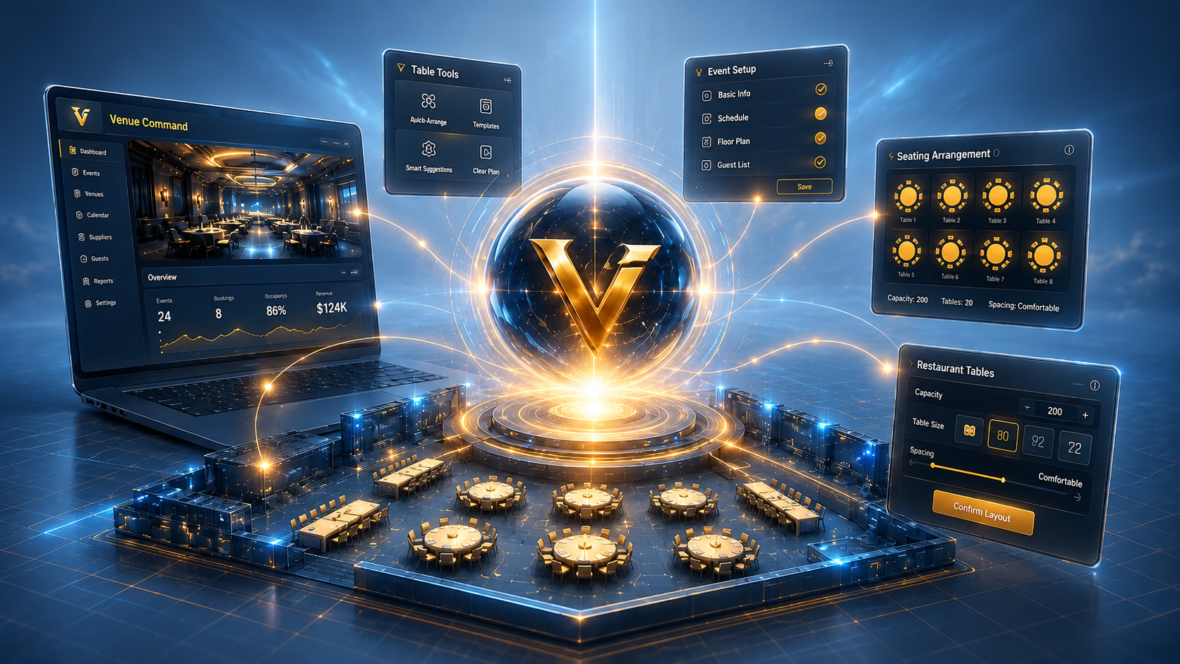 Venue Command brand artwork showing a central glowing platform connecting venue planning screens