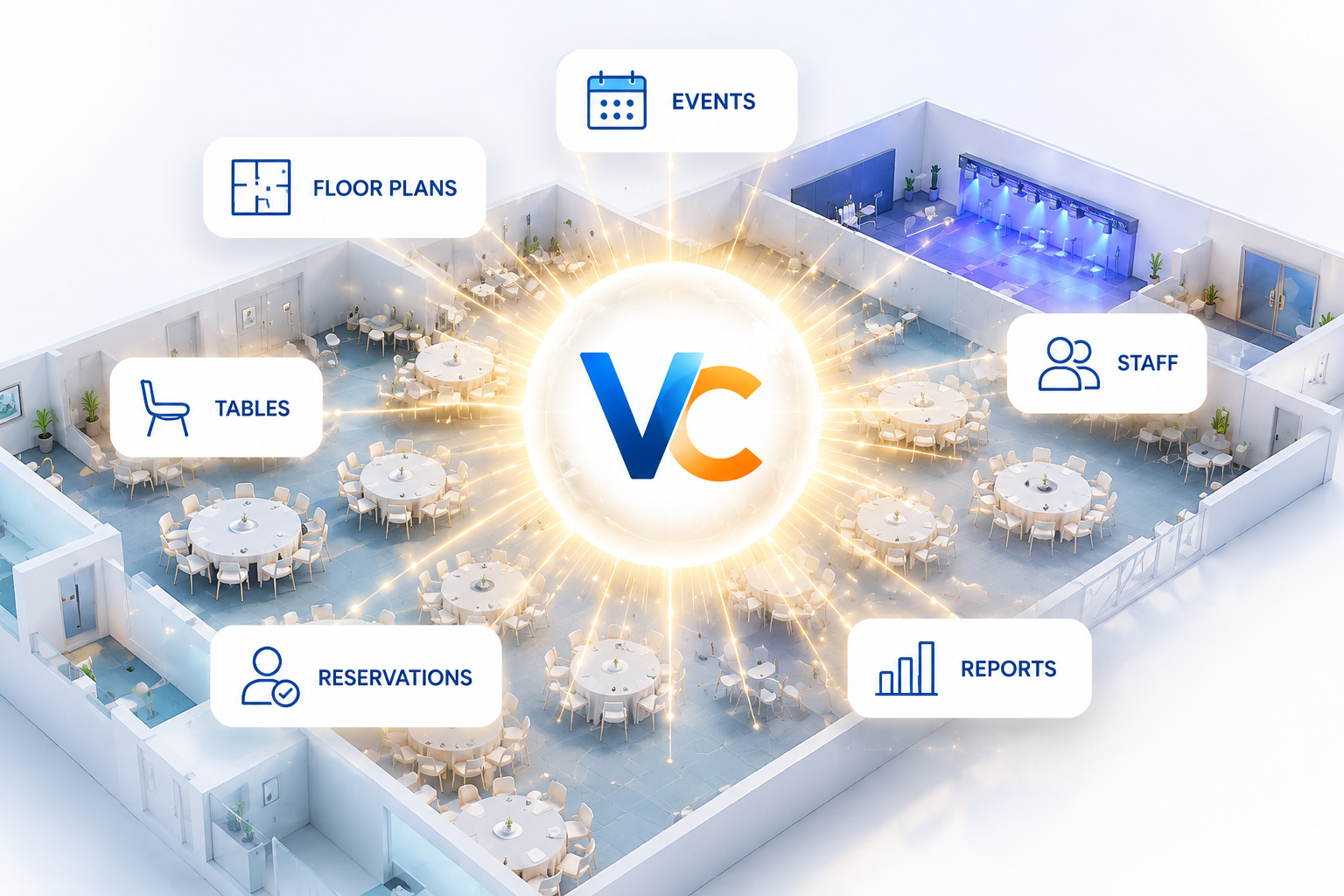 Illustrated venue floor plan surrounding the Venue Command mark