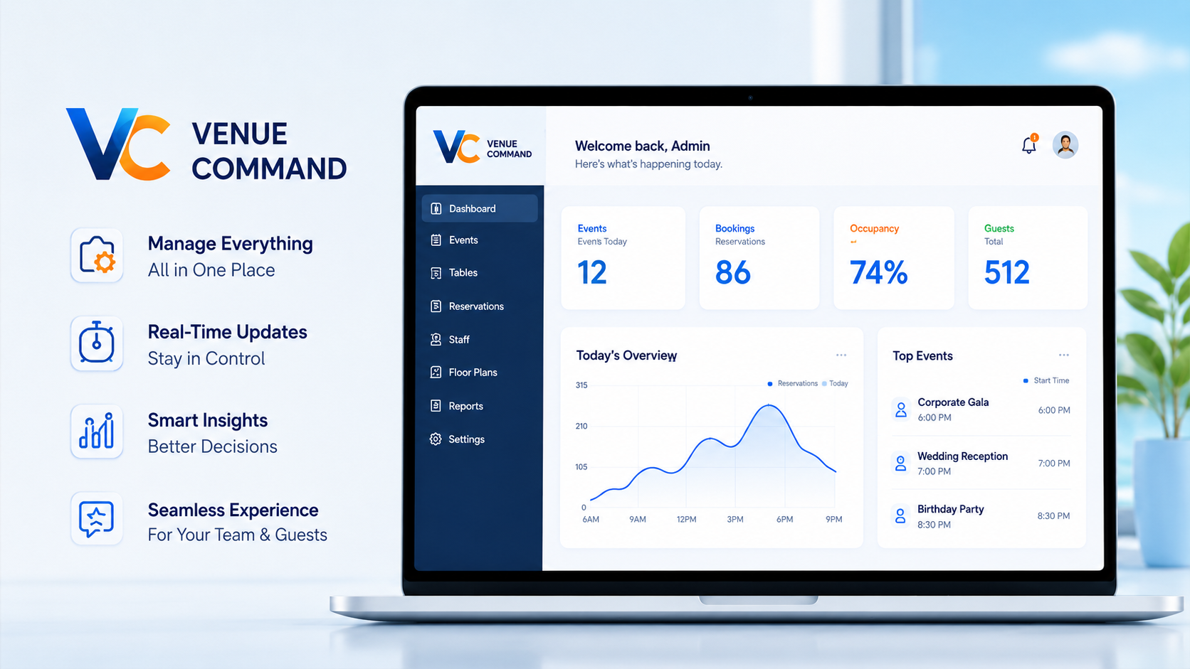 Venue Command dashboard concept displayed on a laptop